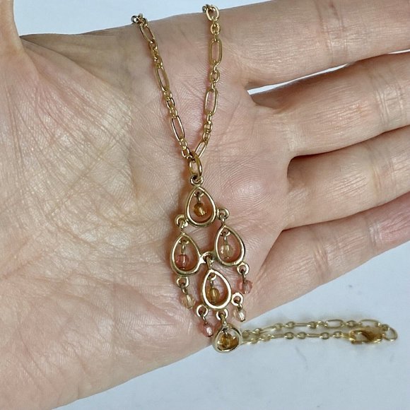 Delicate Chandelier & Peach Topaz Beads Drop Pendant Gold Tone Necklace 17” - Picture 3 of 4